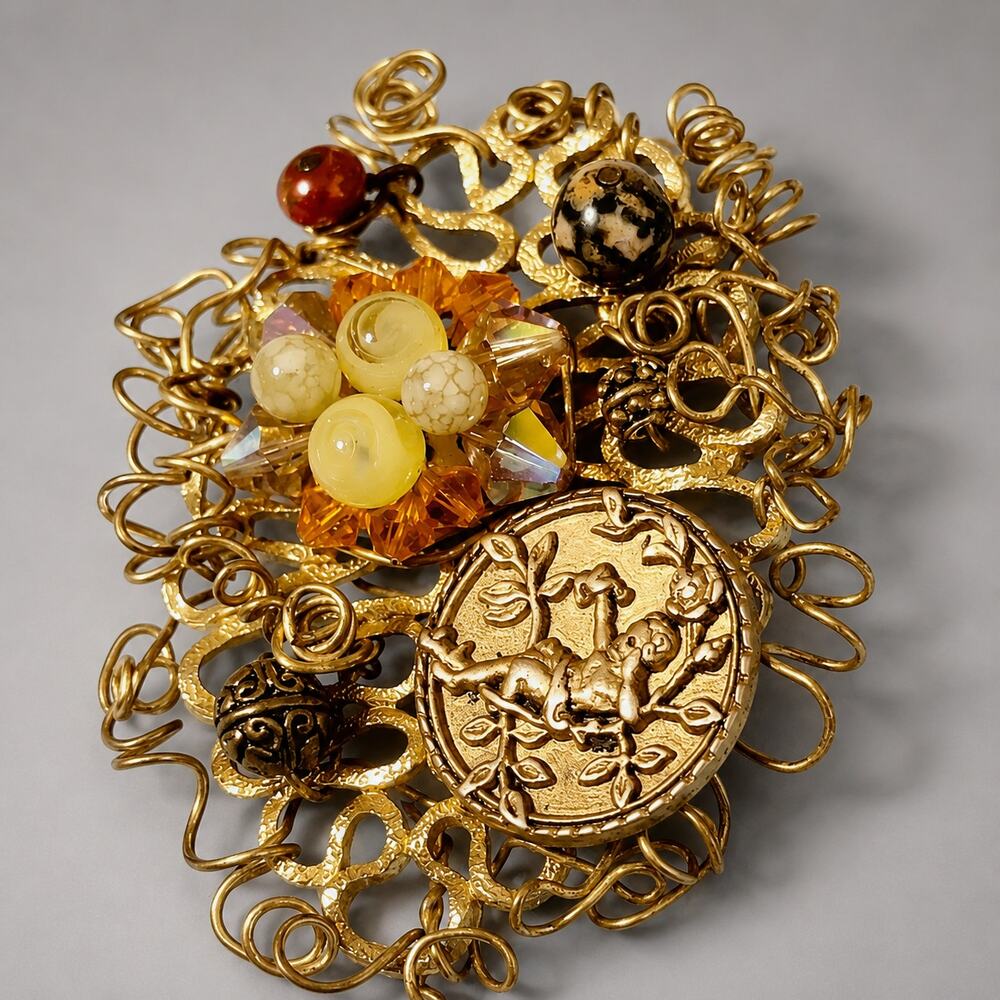Large Collage Brooch pin,‎ Cherub Angel, Vintage Beads, Statement Brooch go-33